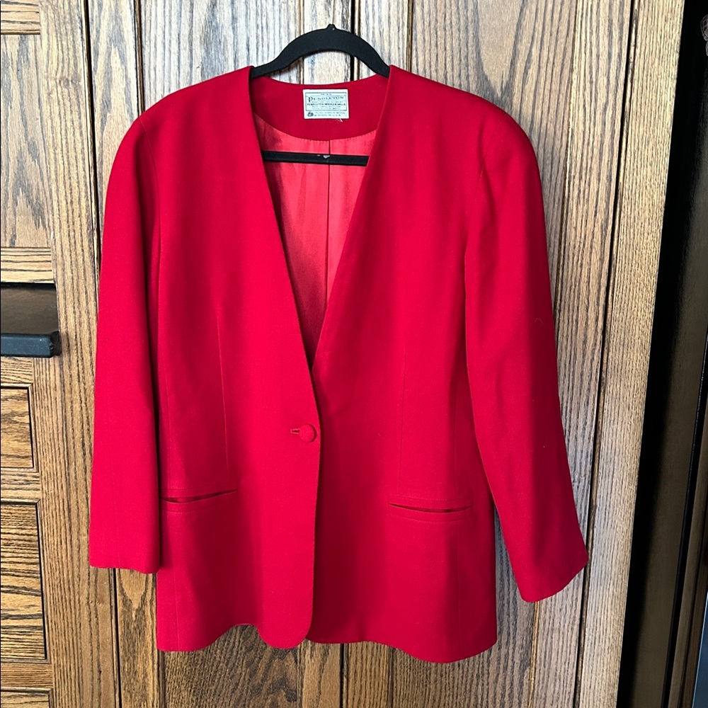 Vintage VTG Miss Pendleton Red 100% Wool Long Blazer Holiday Office‎ 1 Button 10
